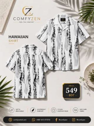 Premium Hawaiian Shirt – White, Grey & Black