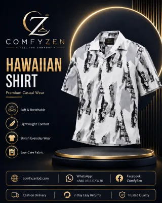 Premium Hawaiian Shirt – White, Grey & Black