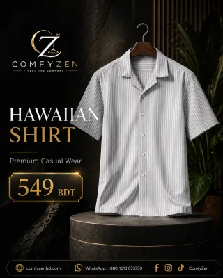 Premium Striped Hawaiian Shirt – Light Grey & White
