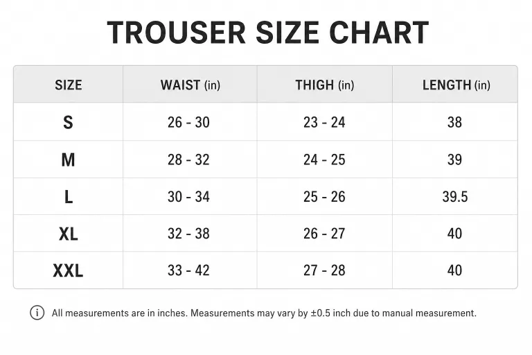 Size guide for Comfort Trouser Pant for Men – Premium Parachute Fabric