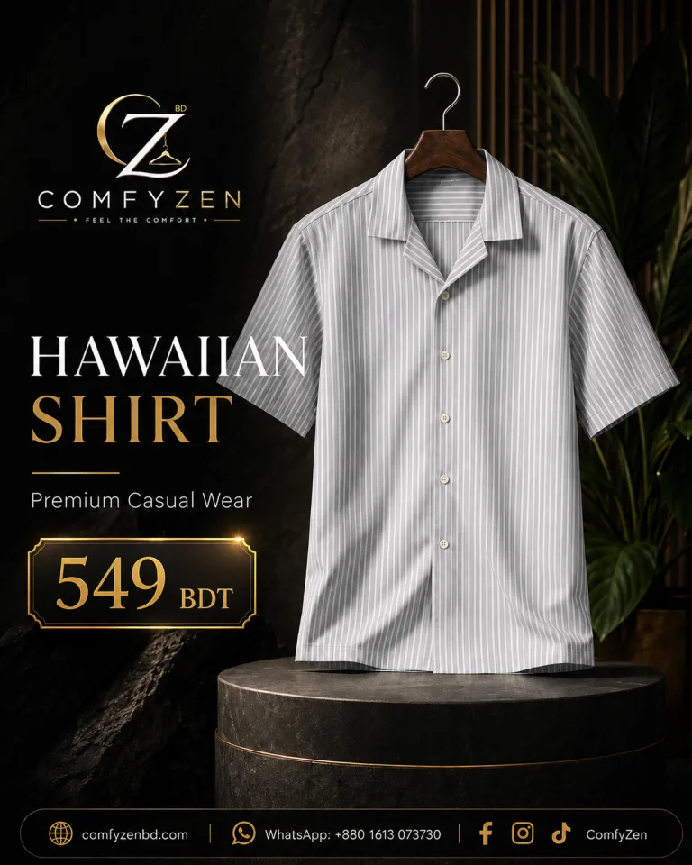 Premium Striped Hawaiian Shirt – Light Grey & White