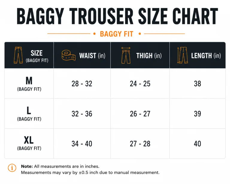Size guide for Baggy Trouser Pant — New Wave